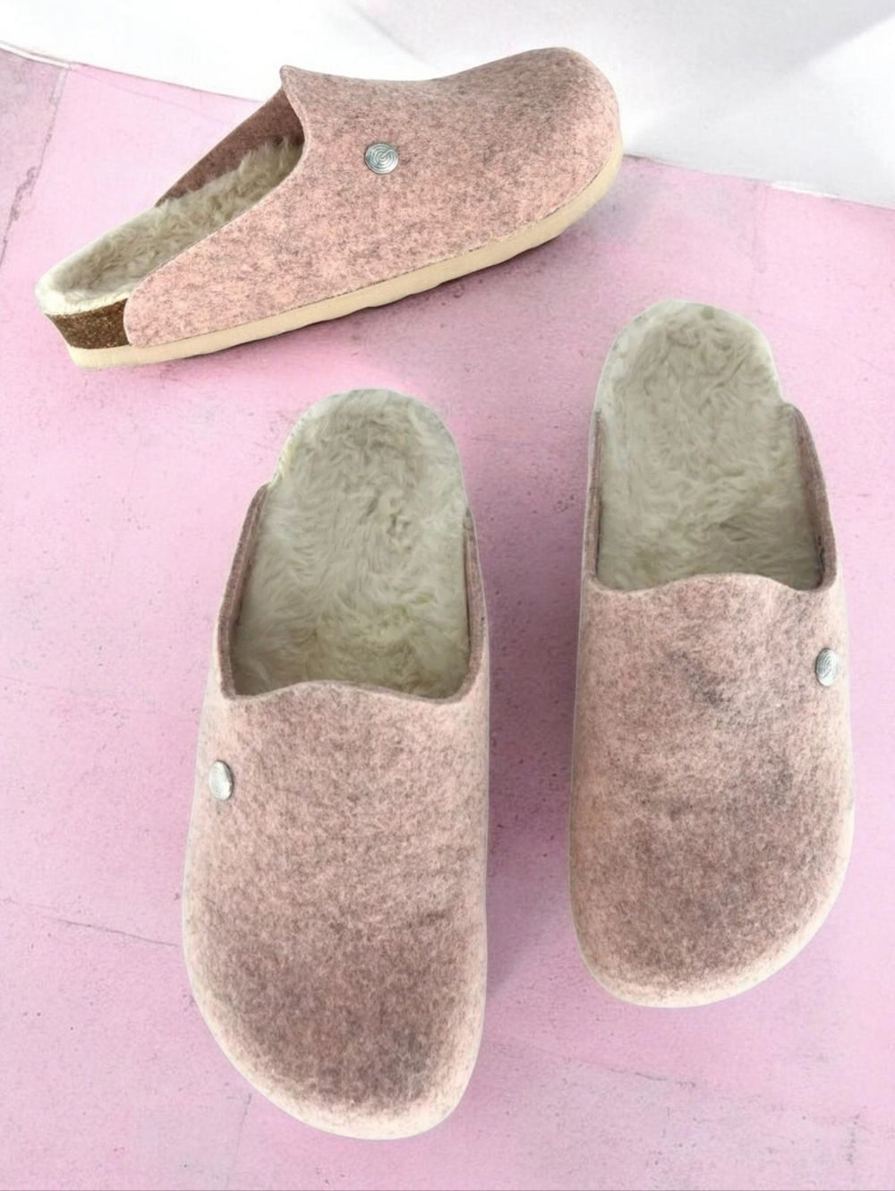 Genuins Women's Helsinki Pink/Gray Wool Felt Faux Shearling Sandals
